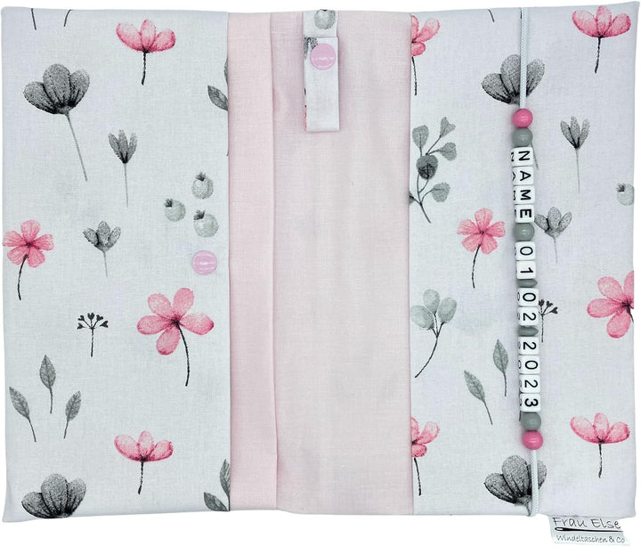 Grosse Windeltasche XXL mit Name Wickeltasche - Blumen weiss rosa grau - für Mädchen