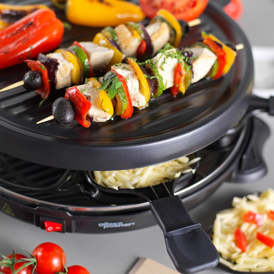 Giles & Posner Tisch-Raclette-Grill – 800W Elektrogrill mit 6 antihaftbeschichteten Pfännchen, 6 Hol