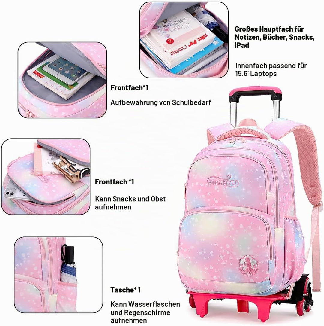 3PCS Schulrucksack Rollen Mädchen Trolley Rucksack mit Rollen Mädchen Teenager Schultasche Grundschu