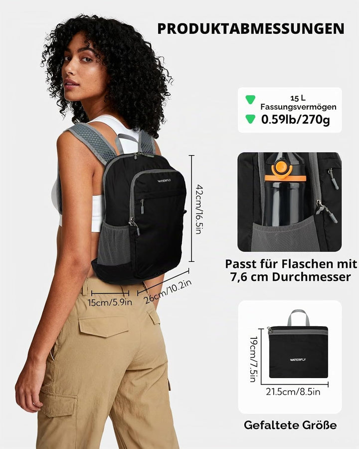WATERFLY Faltbarer Rucksack Klein Ultraleicht: 15L Wanderrucksack Leicht Tagesrucksack Packable Dayp