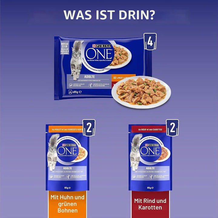 Purina One Schliff in Sauce, Mahlzeit für ausgewachsene Katzen, Hähnchen & Rind, 12 (4 x 85 g), Hähn