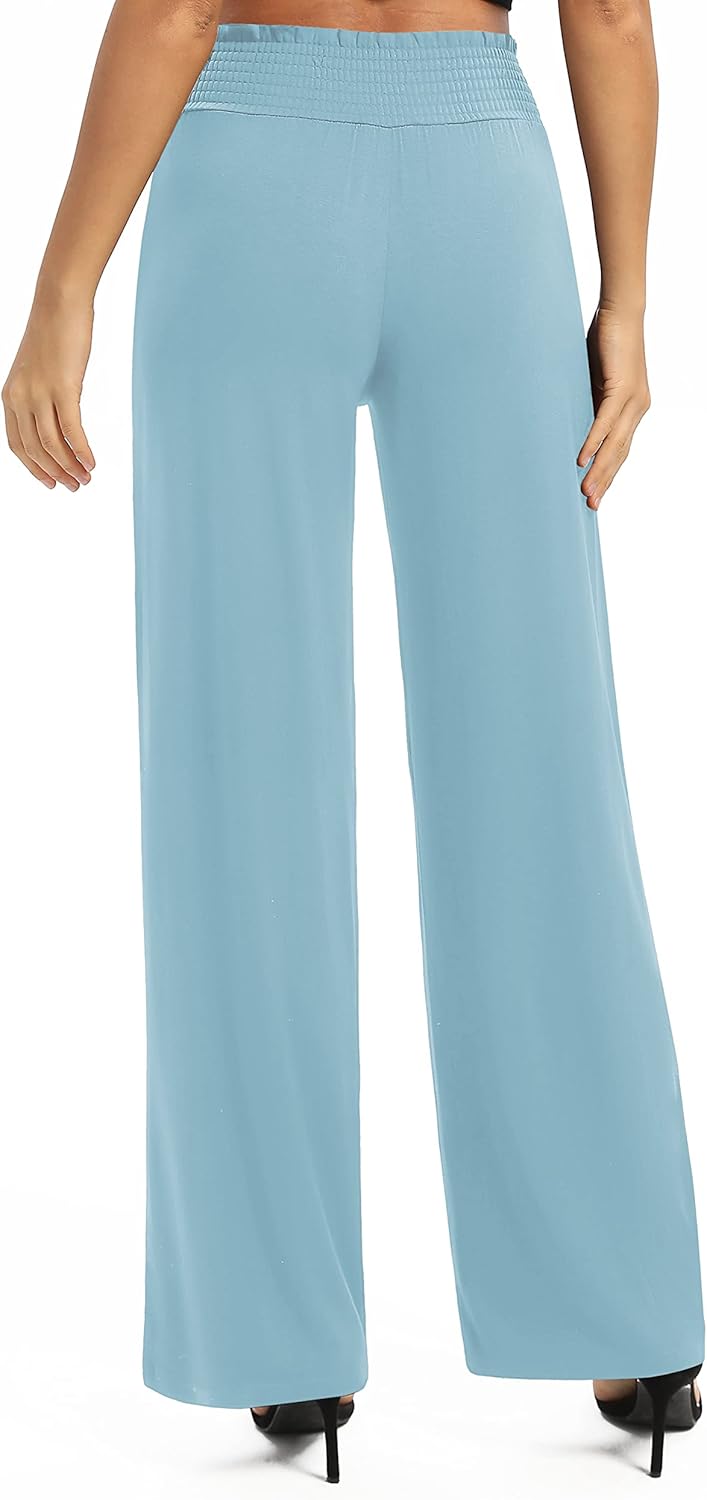 EXCHIC Damen Einfarbig Lose Gerade Geschnitten Palazzo Hose Hohe Taille Dehnbar Lounge Hose mit Tasc