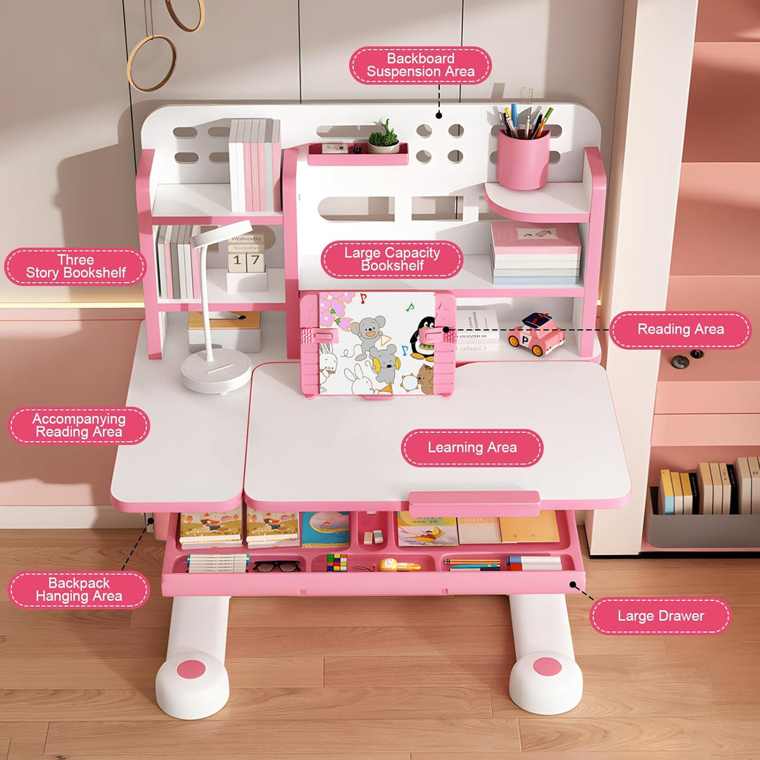 Kinderschreibtisch Set mit Bücherständer, Schüler-Schreibtisch und Stuhl, Kinderschule, Studiertisch