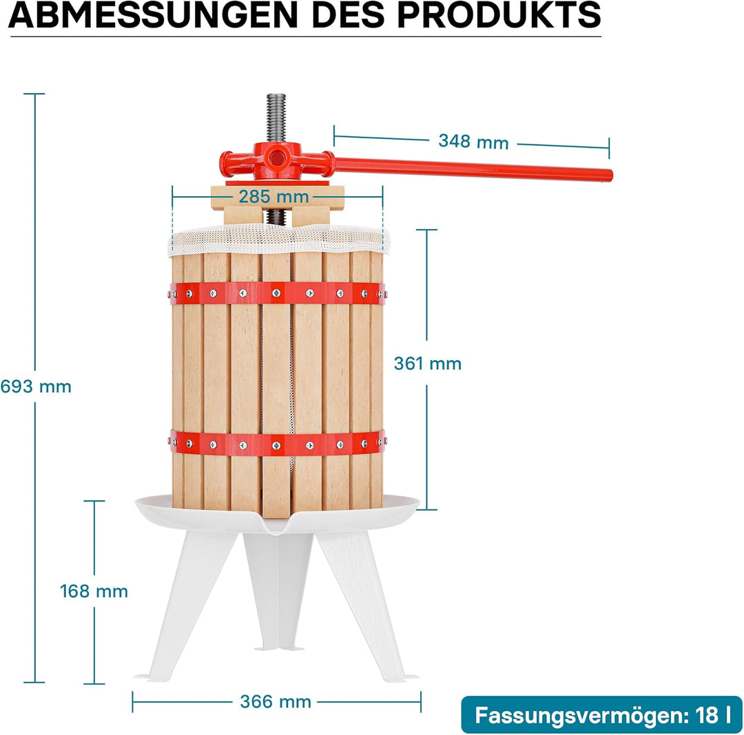 Wiltec Obstpresse 18l inkl Presstuch und Obstmühle 7l zur Maischeherstellung