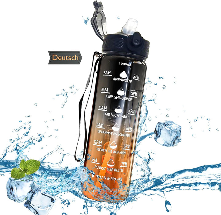 Deutsch Trinkflasche, Trinkflasche 1L mit Strohhalm und motivierender Zeitmarkierung, Tritan BPA fre