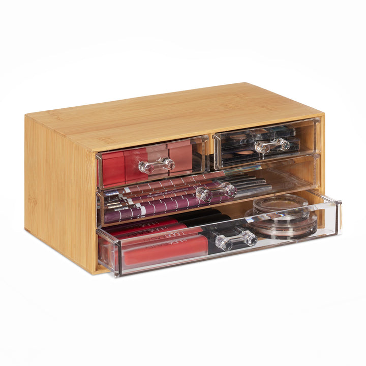 Relaxdays Make Up Organizer Bambus, 4 Schubladen, HBT: 11x23,5x15 cm, Schminkaufbewahrung & Schmuck,
