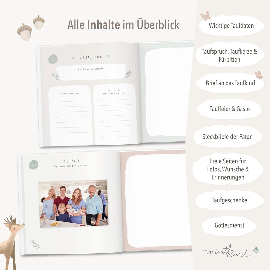 mintkind® Taufbuch Baby Meine Taufe Ausfüllbuch und Gästebuch zur Taufe mit Platz für Fotos Einträge