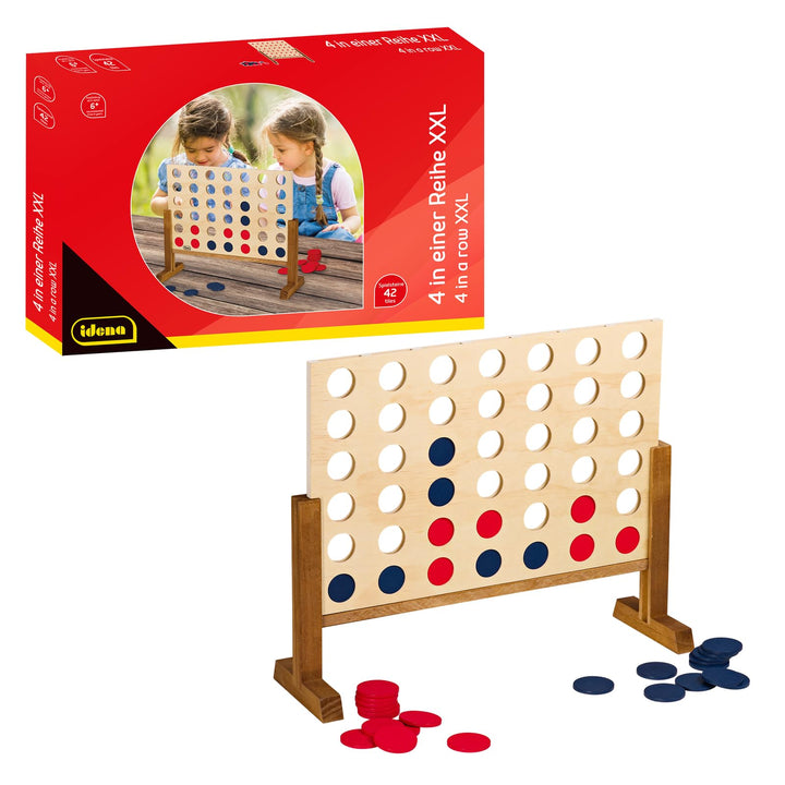 Idena 40378 - Holzspiel 4 in Einer Reihe XXL, 21 Blaue Steine und 21 rote Steine, Grösse 45 x 56 x 1