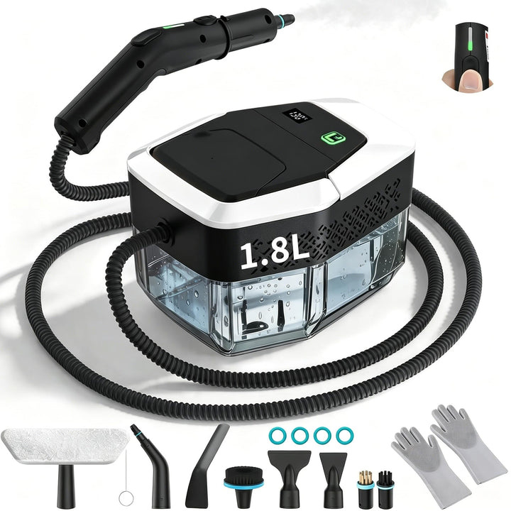 Dampfreiniger Handgerät, 2500W Handdampfreiniger mit Stufengriff, 8 Düsen, 1,8L Tank, 3 Dampfstufen,