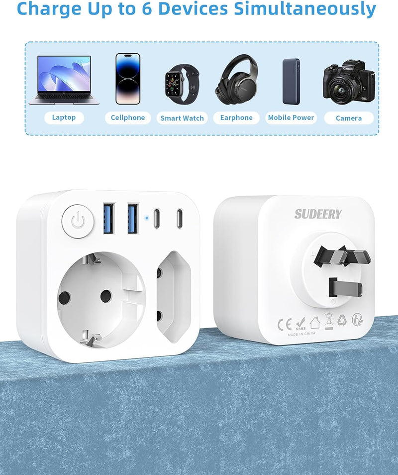Reiseadapter Australien Deutschland Stecker mit 4 USB (2 Typ-C), 2 Fach Reiseadapter Neuseeland, Rei