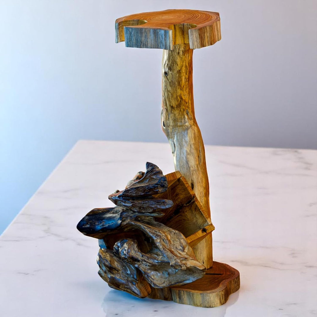 Teak Flaschenständer L - Wurzelholz Flaschenhalter - 41cm Edel und Dekorativ für 1 Flasche und 2 Glä