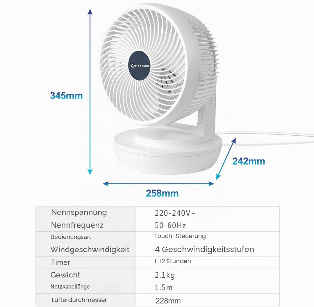 MYCARBON Ventilator Leise Turbo-Ventilator + 3D Luftumwälzer für 30m² |ECO-Mode Klimagerät-Effizienz