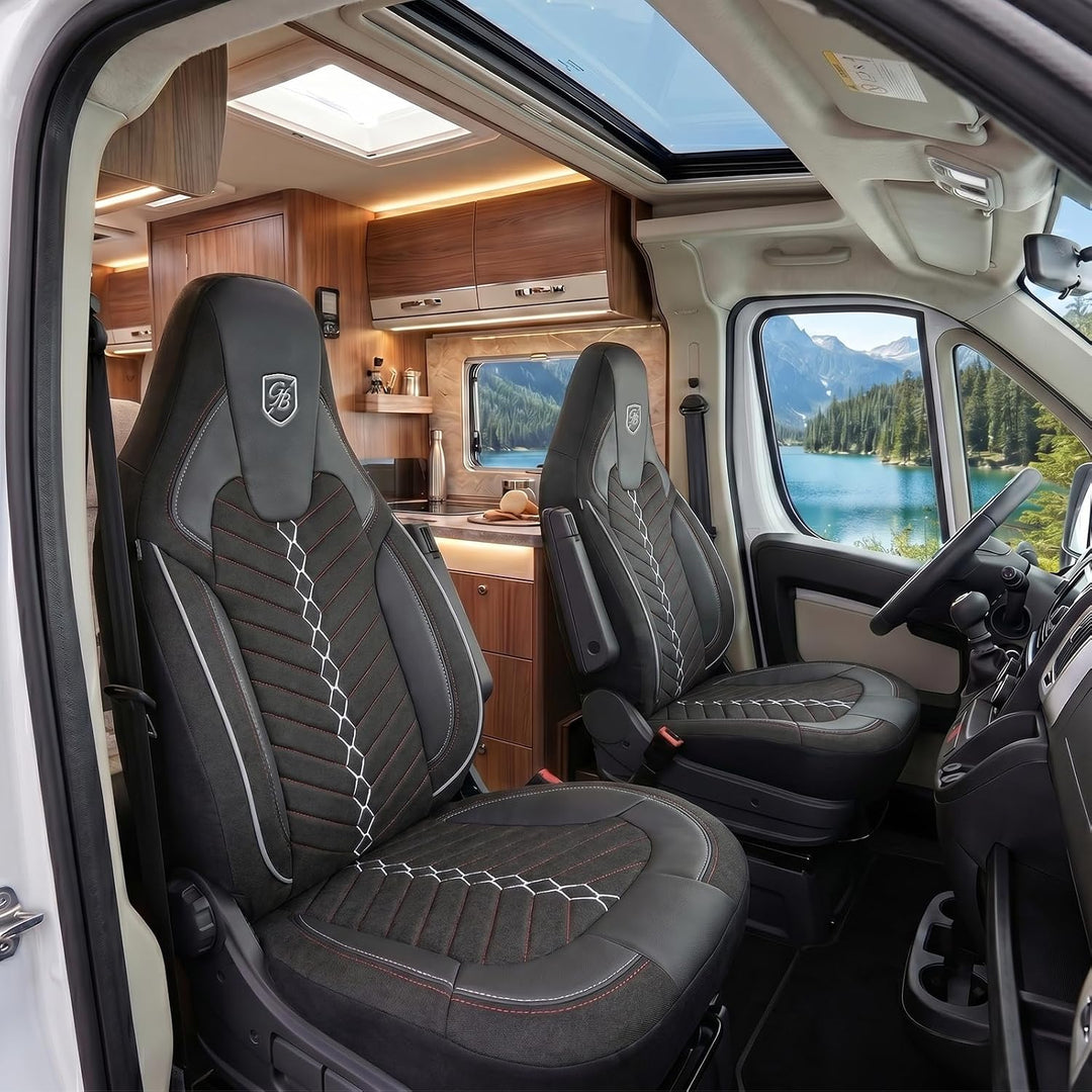 Autositzbezüge Universal für Wohnmobil & Caravan - Vordersitze Auto Sitzbezug aus Leinen, Schwarz-Gr