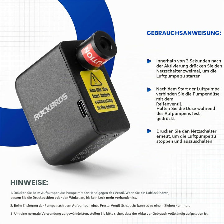 ROCKBROS Elektrische Fahrradpumpe, 100PSI Tragbare Minipumpen Wiederaufladbarer 300mAh Kleine Kompre