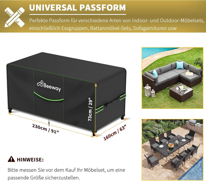 BEEWAY Gartenmöbel Abdeckung Wasserdicht V2.0 230x160x73cm, Schutzhülle Abdeckplane für Gartentische