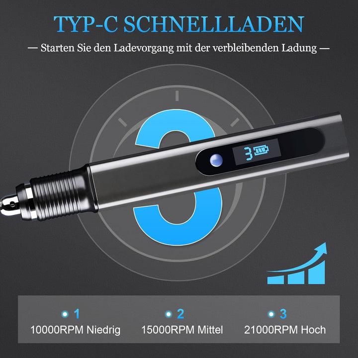 Gravierstift Kit Wiederaufladierbar mit 33 Bits 10 Schablonen Mini Graveur Gravurwerkzeug Zu 21000 U