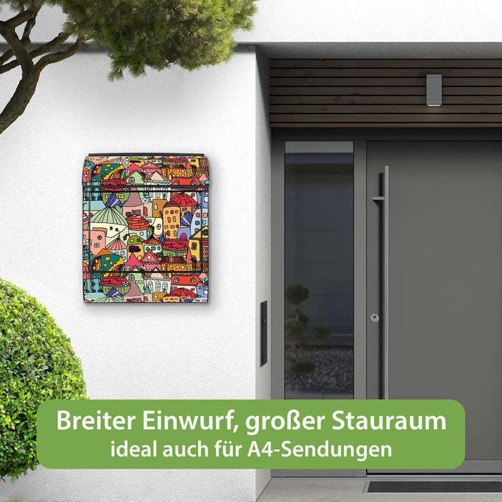 banjado® Design Briefkasten mit Motiv Funky Town 39x47x14cm &amp; 2 Schlüssel - Briefkasten Stahl schwar