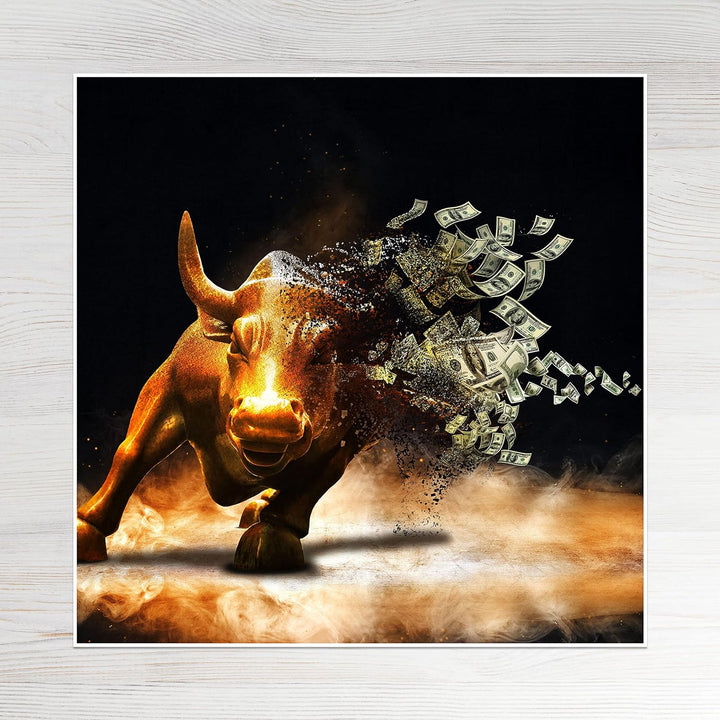 wandmotiv24 Poster als Wanddeko, Grösse 50x50cm, Goldener Stier, Dollar, Geldscheine, Geld, Tier, Mo