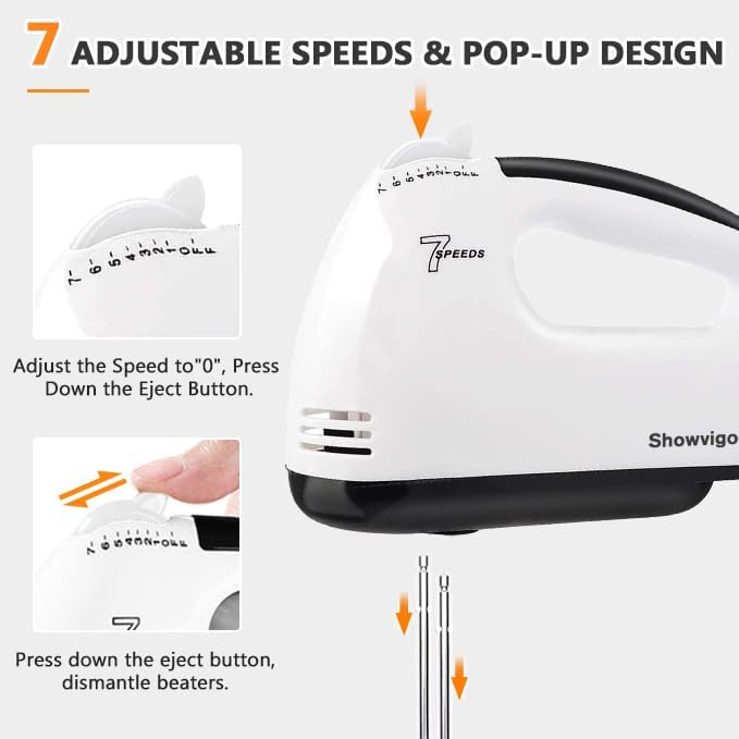 Handrührer Elektrisch-Handrührgerät, 7 StuFen Handmixer, Enthalten 2 Rührbesen, 2 Edelstahl-Knethake