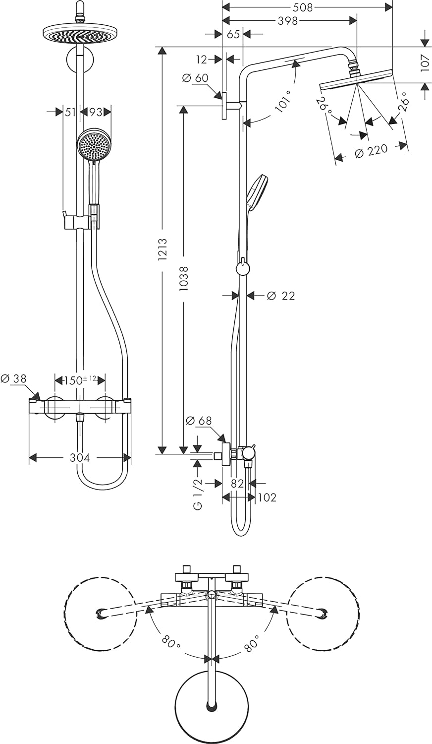 hansgrohe wassersparendes Duschsystem Croma 220 (Regendusche mit 4 Strahlarten, Duschkopf, Duschstan