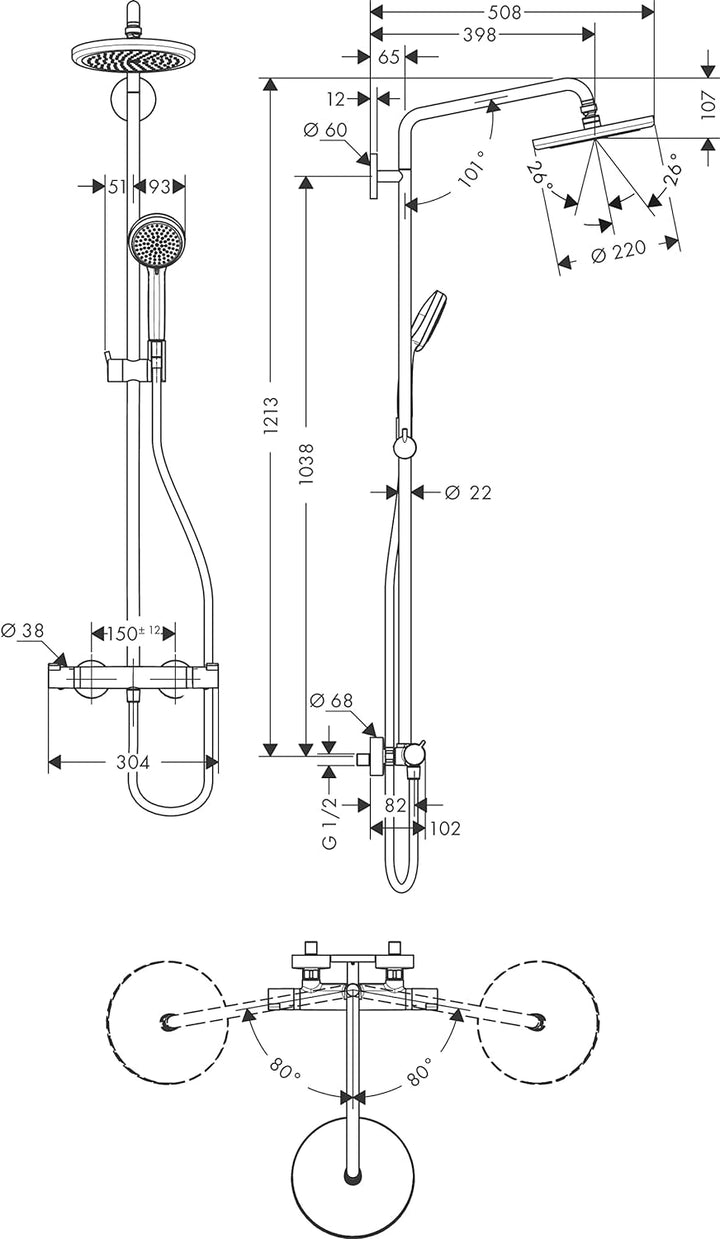 hansgrohe wassersparendes Duschsystem Croma 220 (Regendusche mit 4 Strahlarten, Duschkopf, Duschstan