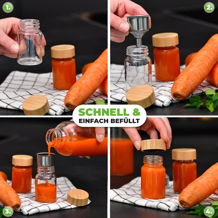 Ingwer Shotgläser 12er Set - Mini Gläser mit Bambusdeckel & Edelstahl Trichter [60ml] - Shot Flasche