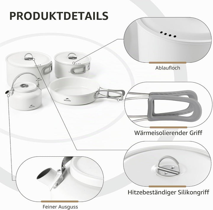 Naturehike Camping Kochgeschirr Set, Antihaft Leichtgewicht 1.4L/2.8L Camping-Topf, 7.5in Bratpfanne