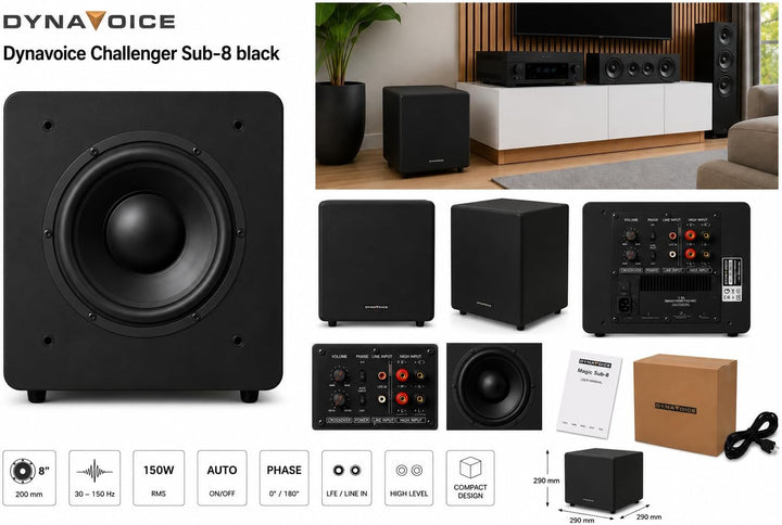 Dynavoice Aktiver Subwoofer 90W RMS Geschlossenes Gehäuse 8 Zoll Tieftöner Schnellansprechender Bass