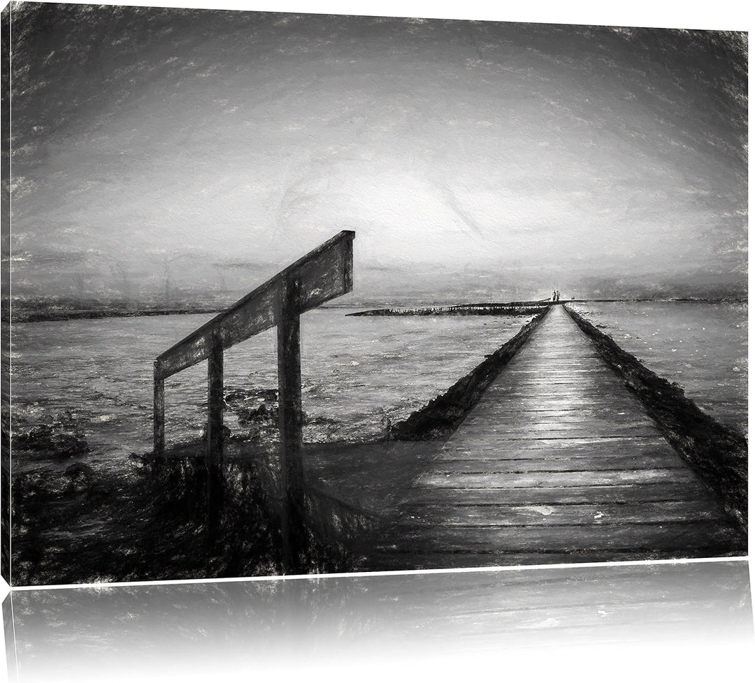 Pixxprint Langer Steg an der Nordsee / 100x70cm Leinwandbild bespannt auf Holzrahmen/Wandbild Kunstd