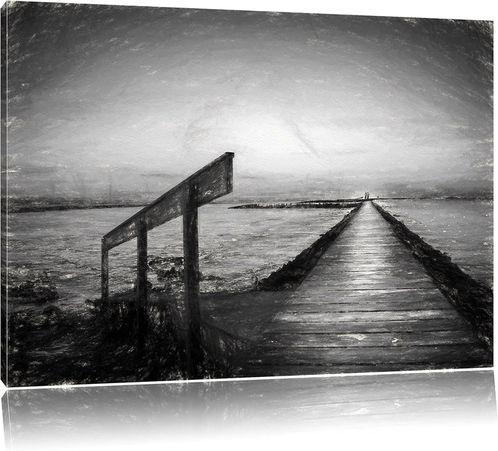 Pixxprint Langer Steg an der Nordsee / 100x70cm Leinwandbild bespannt auf Holzrahmen/Wandbild Kunstd