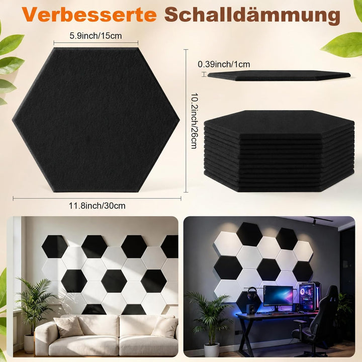 Rdutuok 12 Stück Selbstklebend Akustik Panel,30x26x1cm Hexagon Akustik Absorber Schallschutzplatten