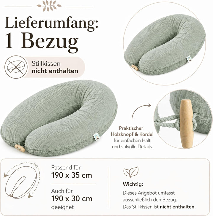 sei Design Stillkissenbezug 190x30 aus Musselin und Teddyplüsch - extra weich, BEZUG für Stillkissen