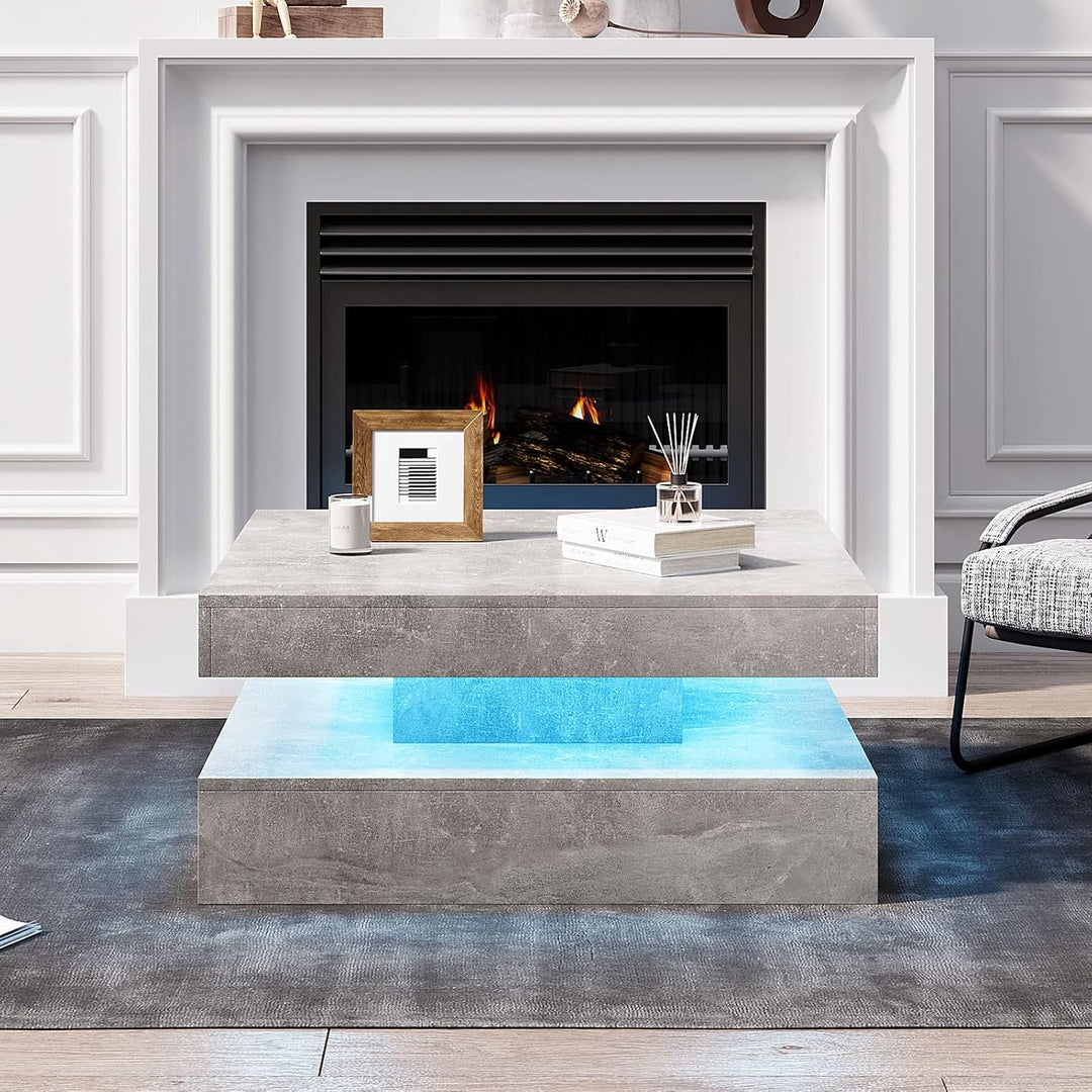 Couchtisch Wohnzimmertisch grau Matt, Sofatisch mit LED Beleuchtung modern für Wohnzimmer, 78 x 78 x