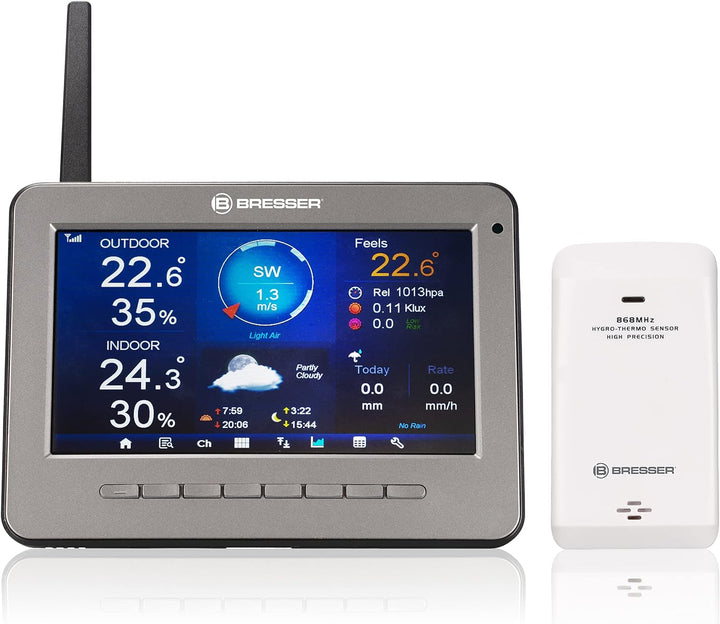 Bresser WLAN HD TFT Funk Wetterstation mit Profi Sensor und Regenmesser zur Messung von Wind, Luftfe
