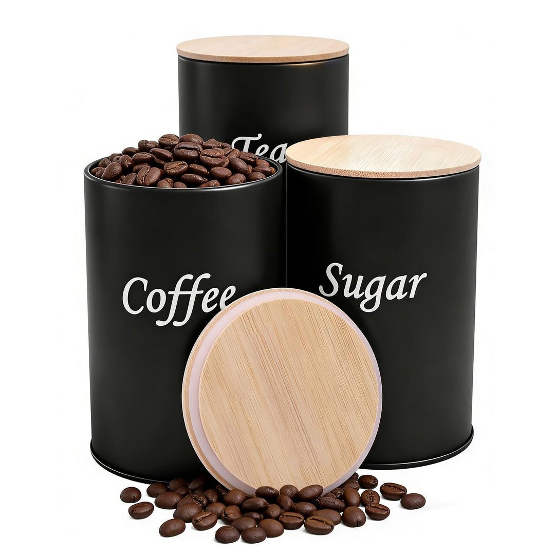 3 Stück Kaffeedose Luftdicht 500 ml Kaffeebohnen Behälter mit Holzdeckel, Kaffeedose Schwarz Matt Ka
