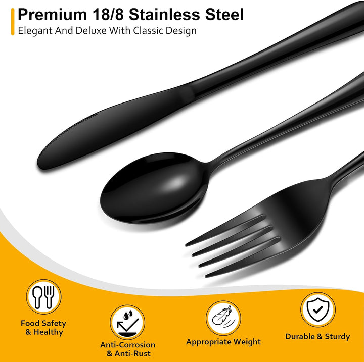 Velaze Besteck Set Schwarz 8 Personen, 48 teilig Besteckset mit Steakmesser, Glänzendes Essbesteck S