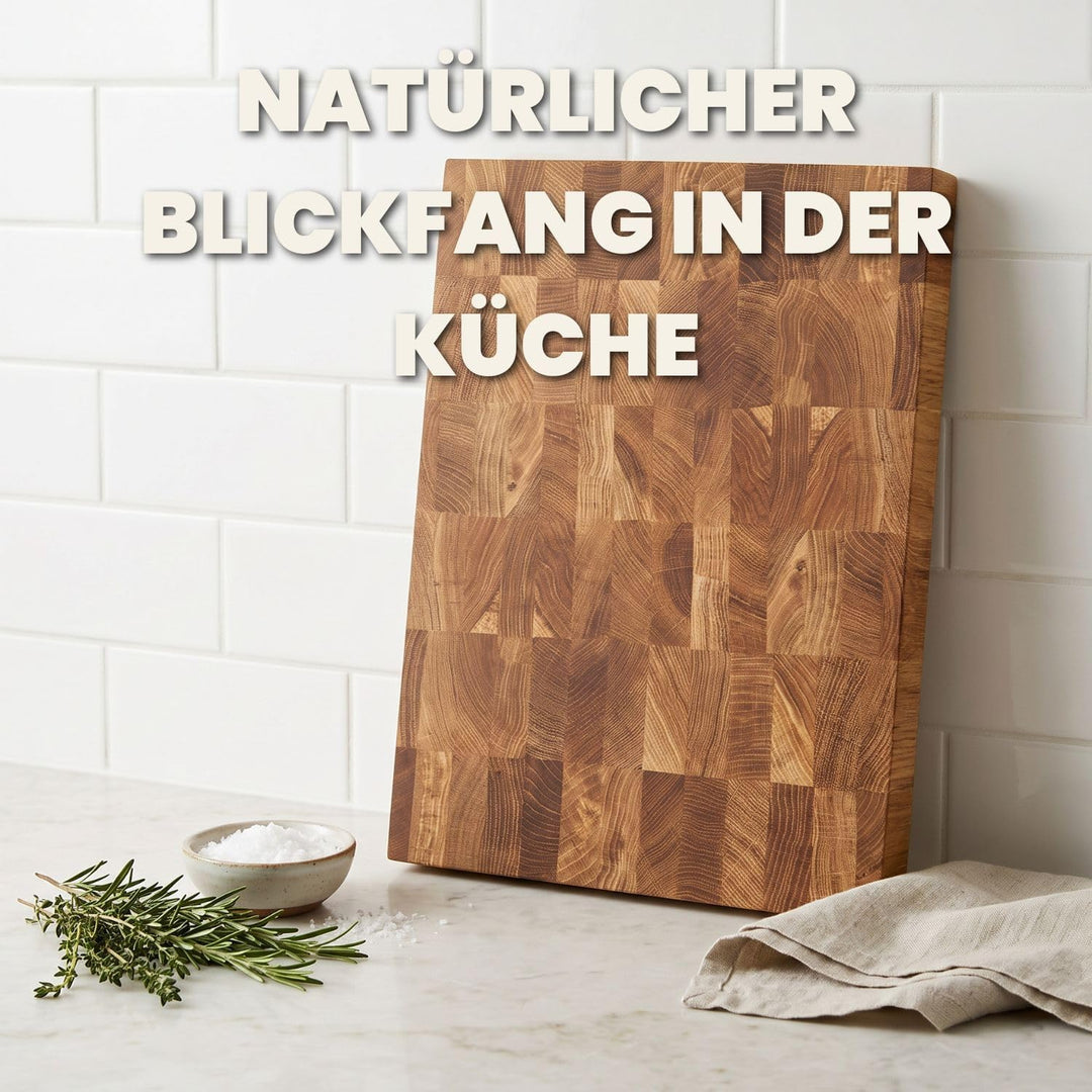 Premium Stirnholz Schneidebrett Eiche 50 x 30 x 4 cm schont die Messerklingen und sorgt für maximale