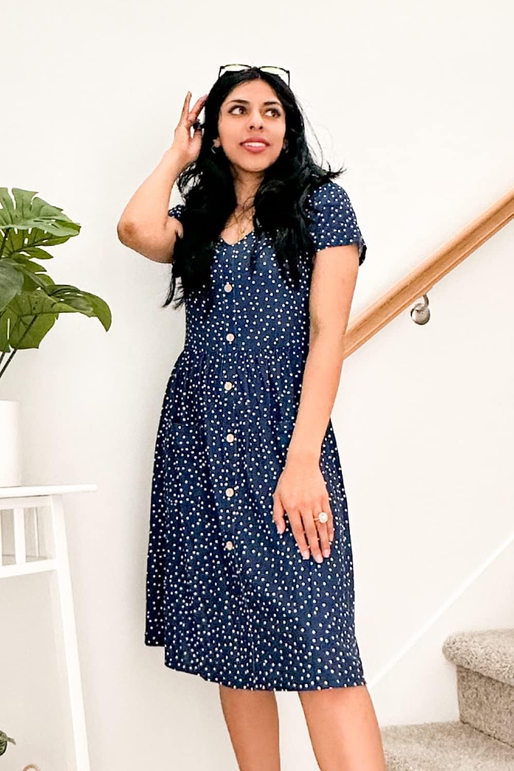 OUGES Sommerkleid Damen Casual Kleid V-Ausschnitt Midi Kleider Knopfleiste Freizeitkleid mit Taschen