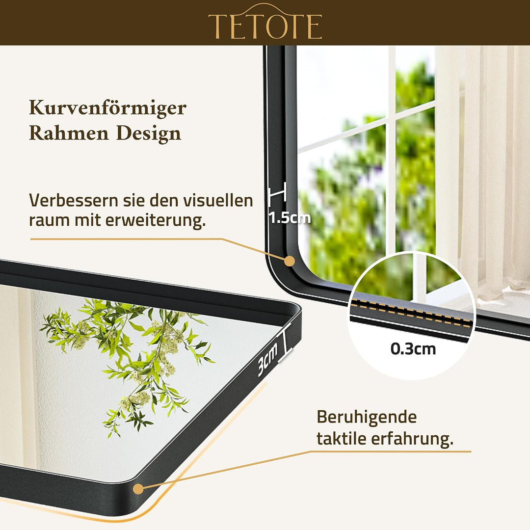 TETOTE 75x90cm Wandspiegel Schwarz Ohne Beleuchtung, Rechteckig Badspiegel mit Runder Ecke, Metallra