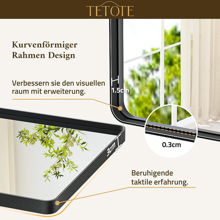 TETOTE 40x50cm Wandspiegel Schwarz Ohne Beleuchtung, Rechteckig Badspiegel mit Runder Ecke, Metallra