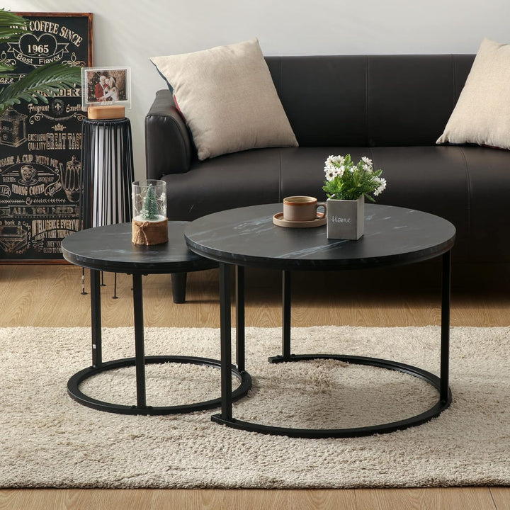 Best Goods Modern Rund Couchtisch 2er Set, wasserdichte Metallhalterung und Marmormuster, für Wohnzi