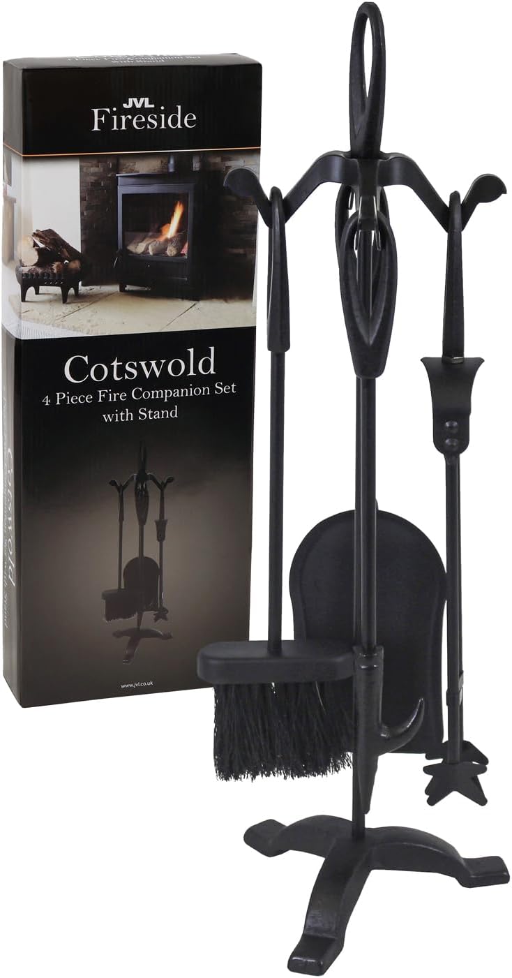 JVL Cotswold Black iron fireside fire tools 5 piece companion set, Cotswold