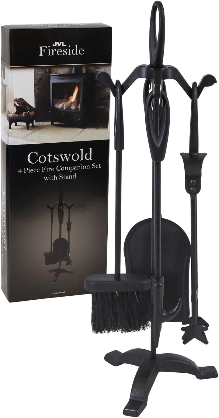 JVL Cotswold Black iron fireside fire tools 5 piece companion set, Cotswold
