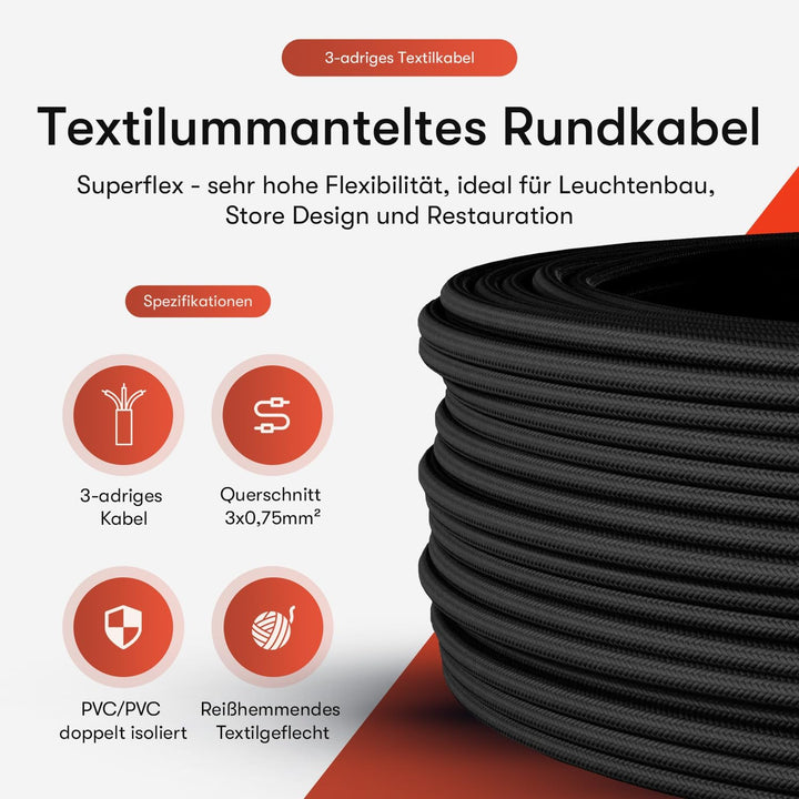 Textilkabel für Lampe, Stoffkabel 3-adrig (3x0,75mm²), Schwarz - 5 Meter 5 Meter Schwarz, 5 Meter Sc