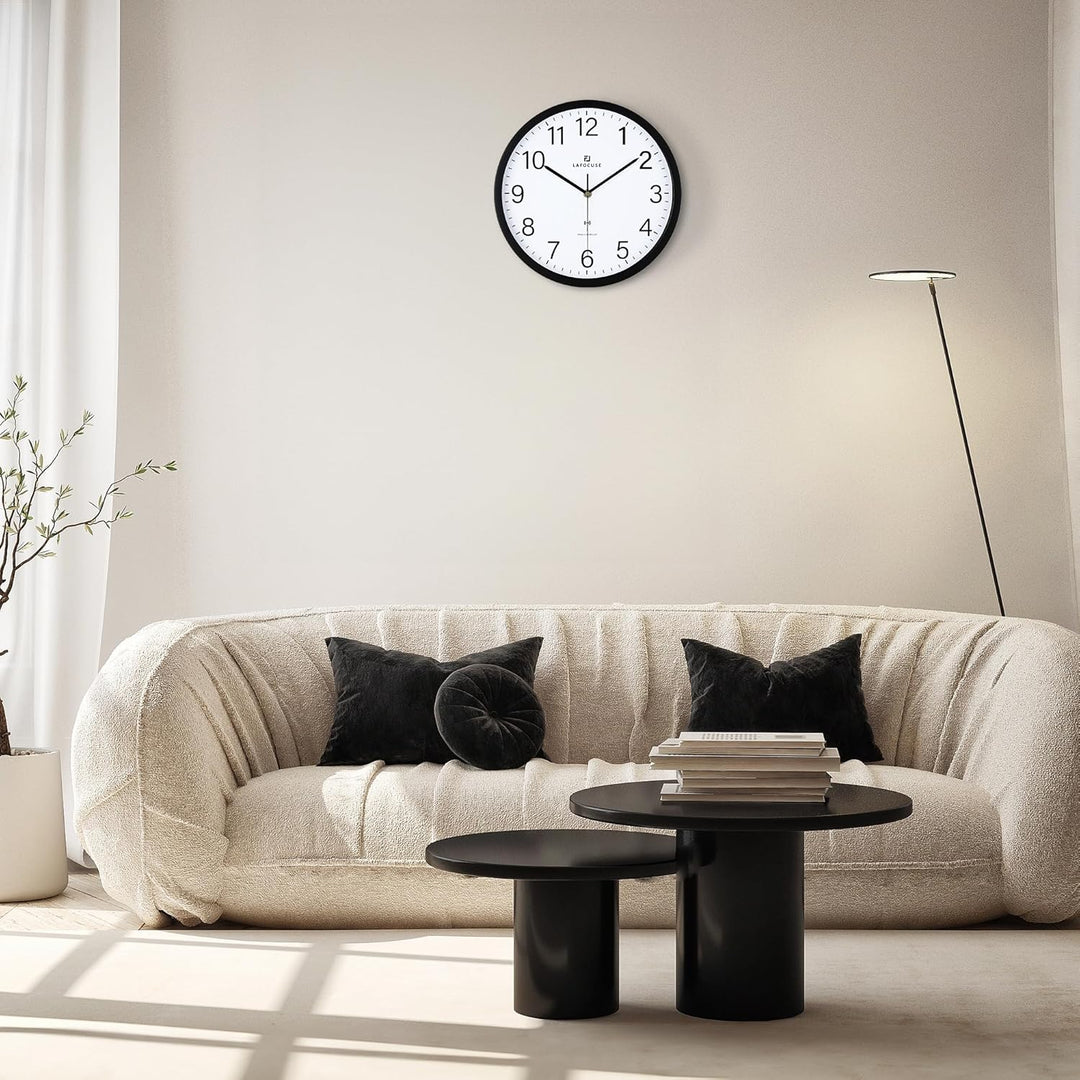 Lafocuse Funk Wanduhr Lautlos 30cm, Modern Funkuhr Hohe Genauigkeit, Schwarz Einfach zu Lesen Wanduh