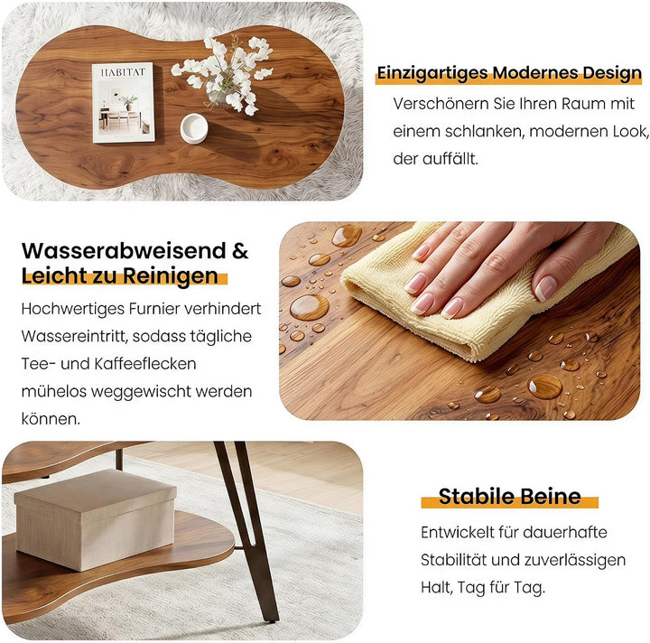 Manora Ovaler Couchtisch Braun mit Ablagefach &amp; Metallbeinen - Moderner Wohnzimmertisch Kaffeetisch