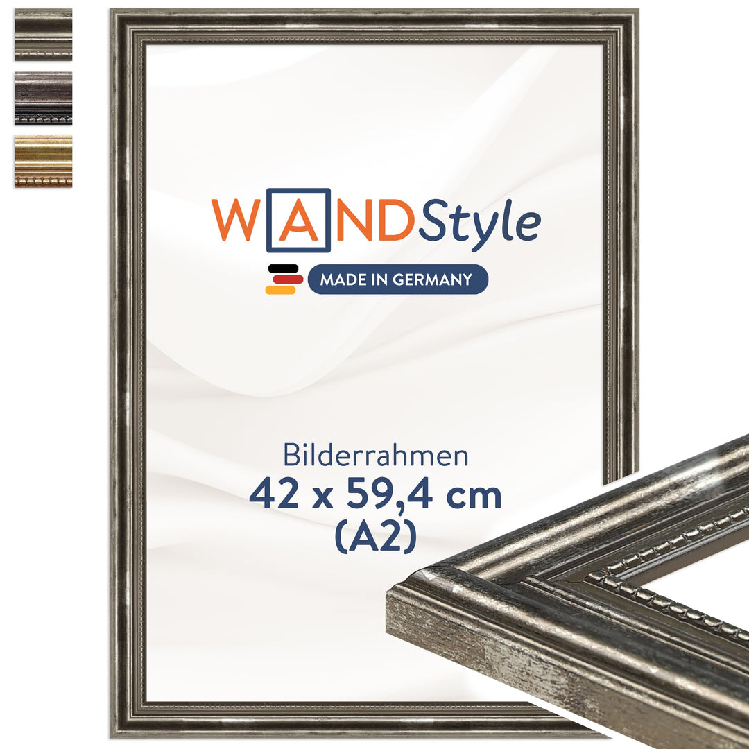 WANDStyle Bilderrahmen Antik 42x60cm DIN A2 I Farbe: Silber I Holzbilderrahmen I Fotorahmen I Silber