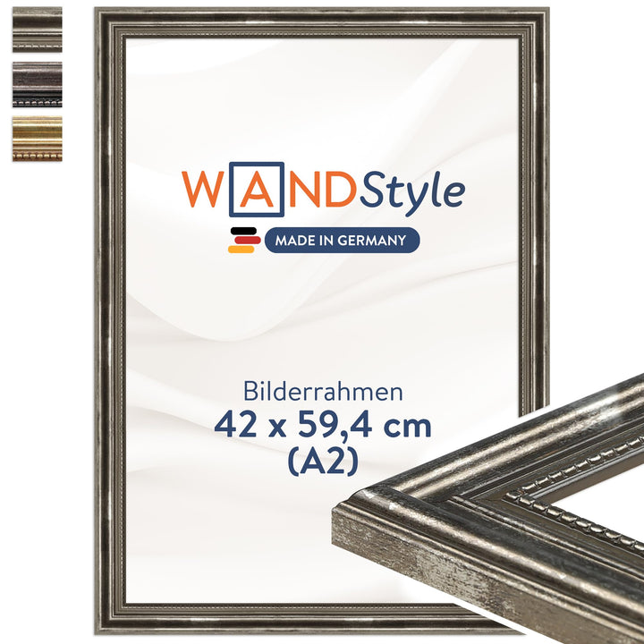 WANDStyle Bilderrahmen Antik 42x60cm DIN A2 I Farbe: Silber I Holzbilderrahmen I Fotorahmen I Silber