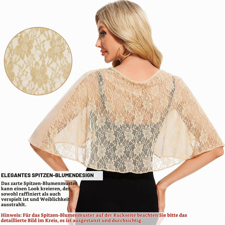 Damen Spitzen Schal Stola Chiffon Umhang Cape Capelets für Hochzeit Abendkleid Braut Party Elegant S
