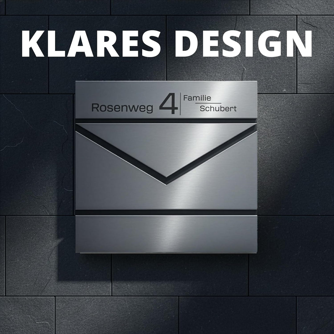 Grafner Premium Briefkasten personalisiert, Edelstahl mit Zeitungsfach und 2 Schlüssel, moderner Pos